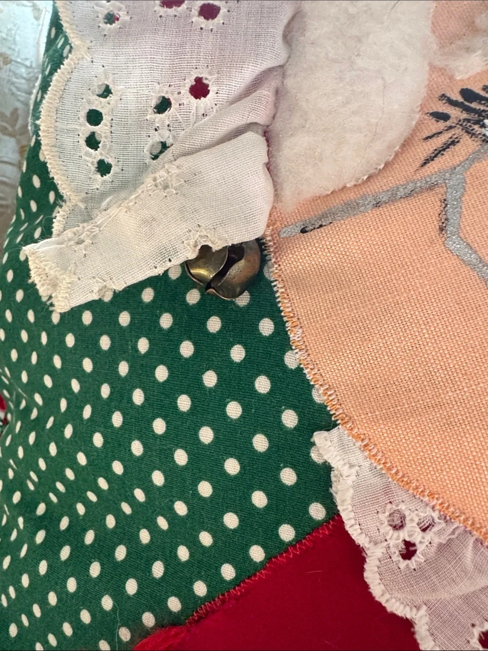 Handcrafted Green Polka Dot Mrs. Claus Decorative Pillow